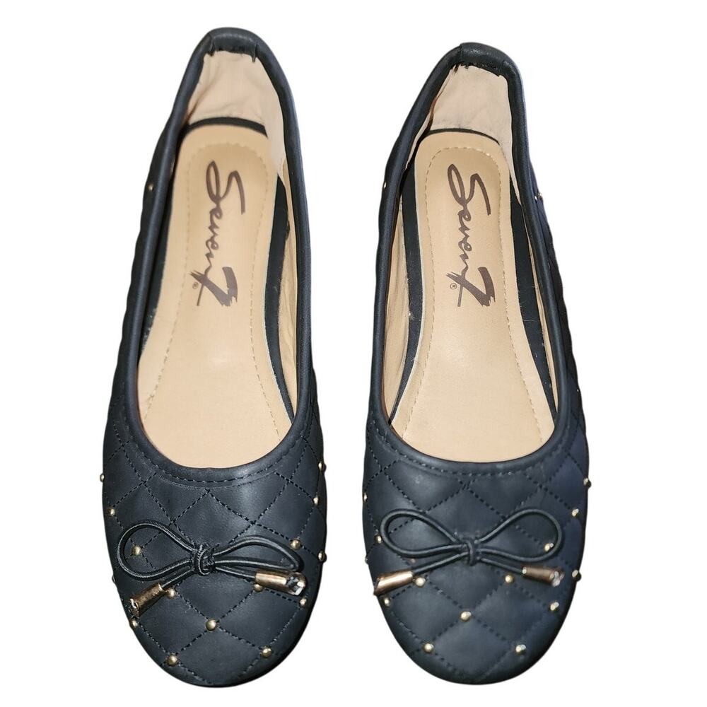 7 Seven Women's Anya Quilted Ballerina Black Gold Studded Flats Size 9